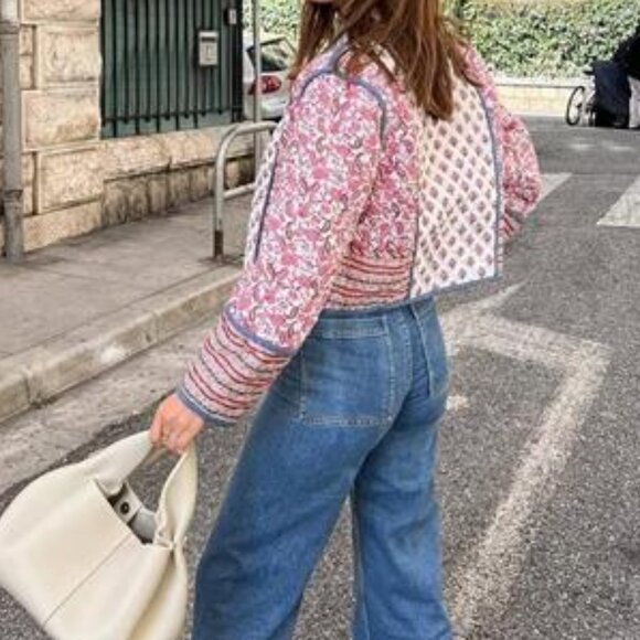 Women’s Retro Floral Quilted Cropped Puffer Jacket Stand Collar Vintage Coat - Picture 3 of 4